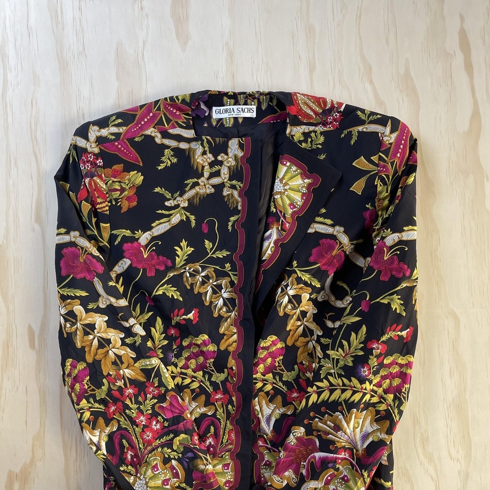 Vintage Gloria Sachs Blazer‎ Jacket Womens Medium Black Silk Floral Pattern